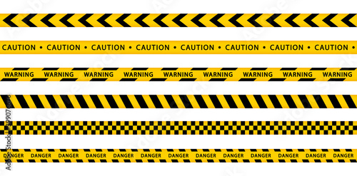 Warning yellow tape set. Stripes borders. Danger, caution, police stripes. Seamless ribbons barricade. © Anya