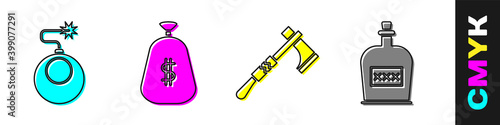 Set Bomb ready to explode, Money bag, Tomahawk axe and Alcohol drink Rum bottle icon. Vector.