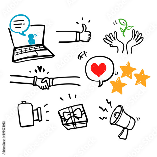 han drawn Brand ambassador line icons. Influence people, Megaphone and Representative. Handshake, influencer in doodle style vector isolated