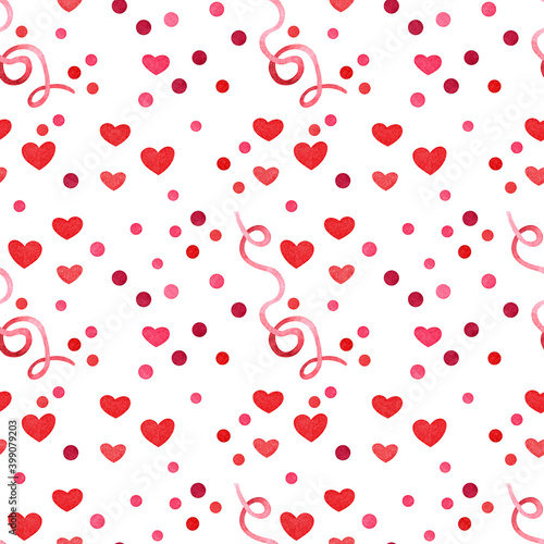 Seamless pattern with confetti. Watercolor illustration for Valentine's Day. Design for cards, invitations, textiles, decoupage, scrapbooking, background, wrapping paper 