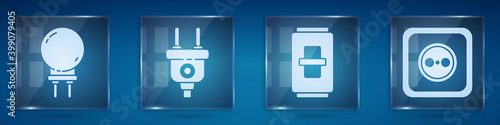 Set Light emitting diode, Electric plug, Electric light switch and Electrical outlet. Square glass panels. Vector.