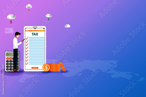 Business concept of online tax, young man wear a medical face mask and hold a smartphone to check the list of tax and calculate for this physical year.