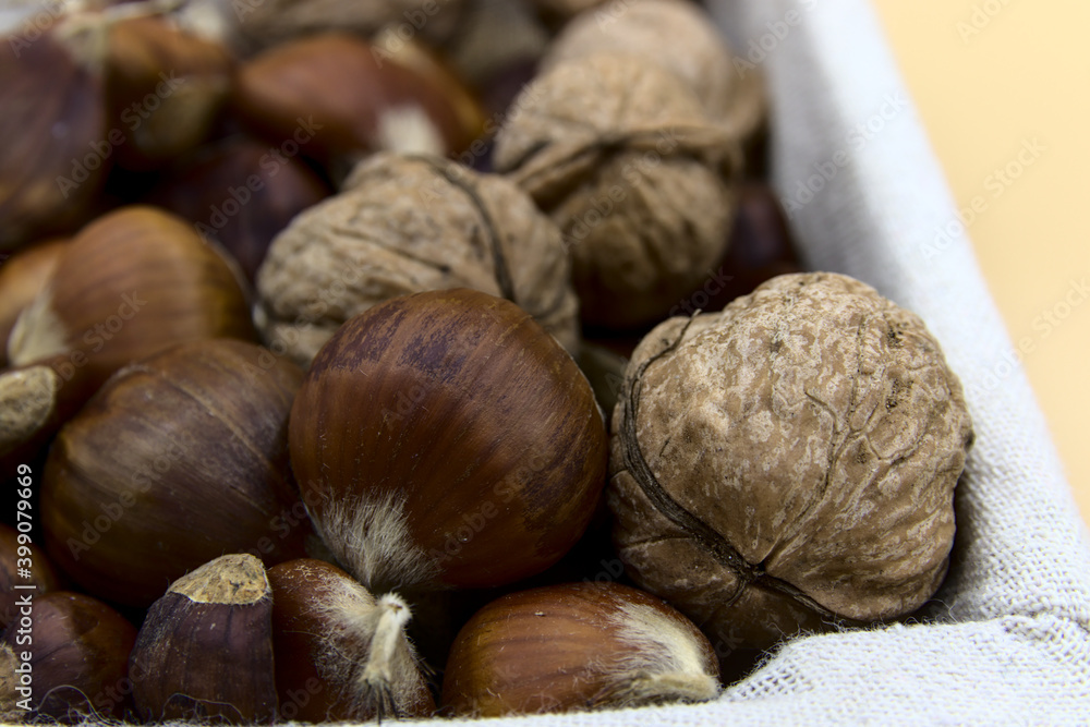 In the foreground the chestnuts and walnuts, typical fruit of the Christmas period In the foreground the chestnuts and walnuts, typical fruit of the Christmas period