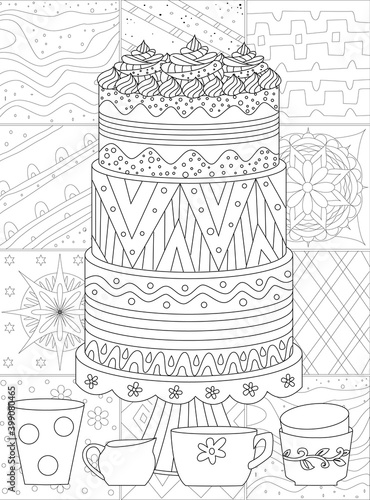 decorated delicious cake with cups against mosaic pattern with e