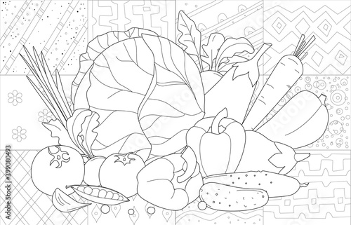 heap of delicious vegetables against mosaic pattern with ethnic