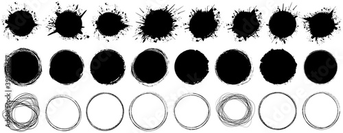 set of round brush painted ink stamp circle banner on transparent background	
