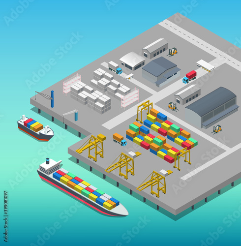 the beautiful top view of isometric port terminal plan include container ship, bulk ship, truck, forklift, gantry crane, jib crane, RTGs, reefer rack, container box, port gate, warehouse, and building