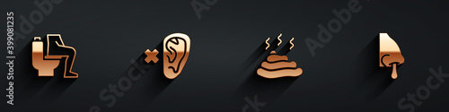 Set Constipation, Deaf, Shit and Runny nose icon with long shadow. Vector.