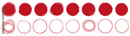 set of red round brush painted ink stamp circle banner on transparent background	
