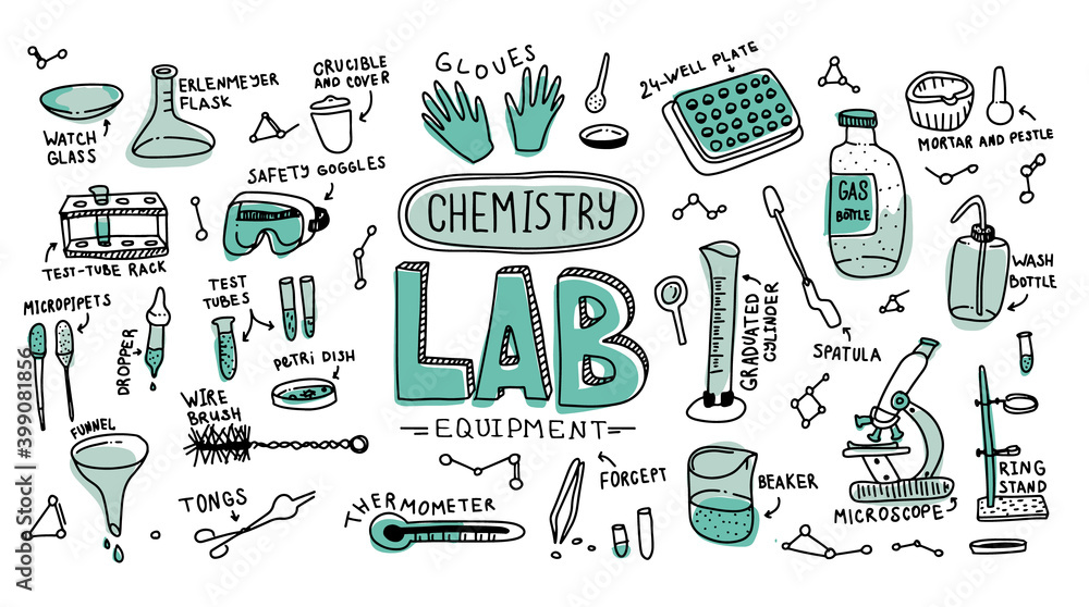 Chemistry Lab equipment doodle. Hand draw vector. Set of laboratory ...