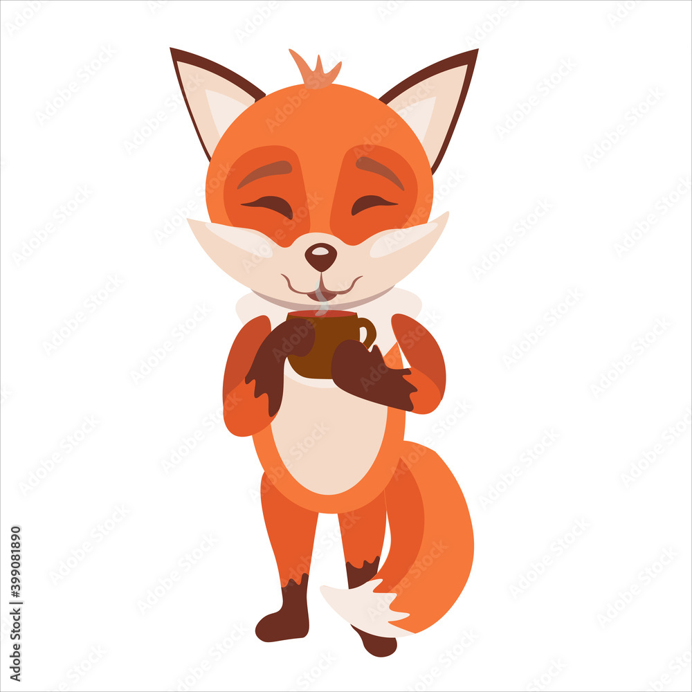 Obraz premium Little red fox with a hot coffee