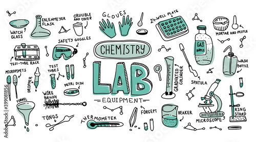 Chemistry Lab equipment doodle. Hand draw vector. Set of laboratory tool