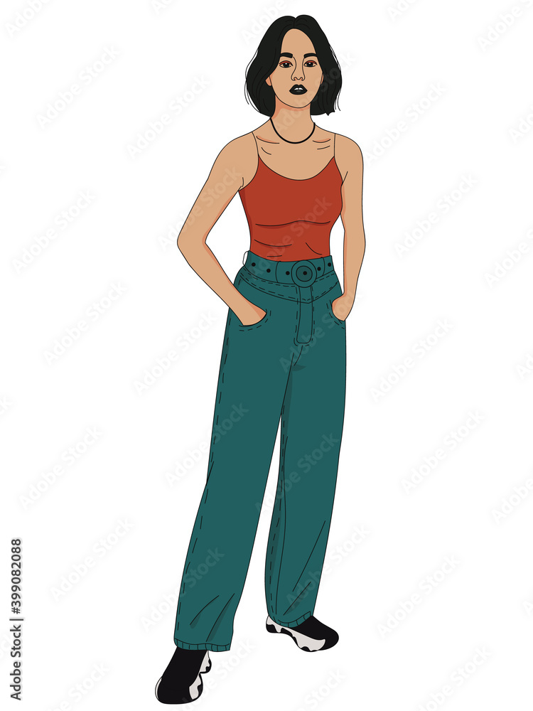 vector illustration, original character, street style, a girl with a bob haircut stands in jeans, a top and sneakers, posing, modern young people vector illustration, original character, street style, a girl with a bob haircut stands in jeans, a top and sneakers, posing, modern young people