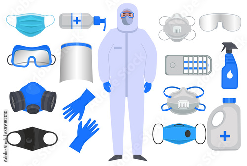 A set of personal protective equipment and disinfection for a medical worker. Chemical protection suit, mask, glasses, respirator, shield, gloves, antiseptic.