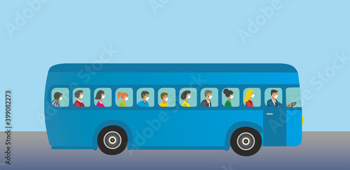 Bus with variation among passengers; age, gender, orgins and all wearing mouth guard. Vector illustration. EPS10.