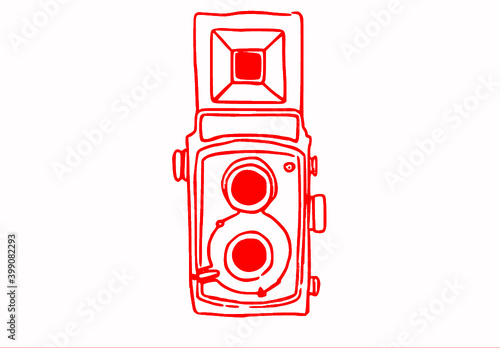 Stary kominkowy czerwony aparat fotograficzny, ilustracja rysunek.