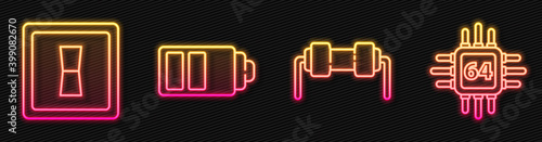 Set line Resistor electricity, Electric light switch, Battery charge level indicator and Processor with microcircuits CPU. Glowing neon icon. Vector.