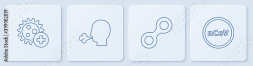 Set line Positive virus, Virus, Man coughing and Corona 2019-nCoV. White square button. Vector.