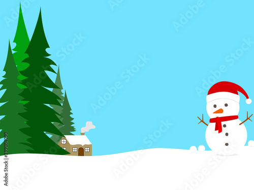 little house with smoke near pine tree forest. winter season with snowman on snow ground and snow ball. illustration christmas with snowman. cold temperature in snowy weather.
