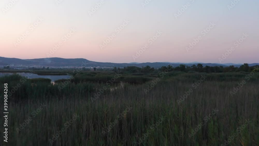 Cinematic high view shot of marshes, swamps, bogs during a beautiful sunset. Peaceful atmosphere. Cinematic high view shot of marshes, swamps, bogs during a beautiful sunset. Peaceful atmosphere.