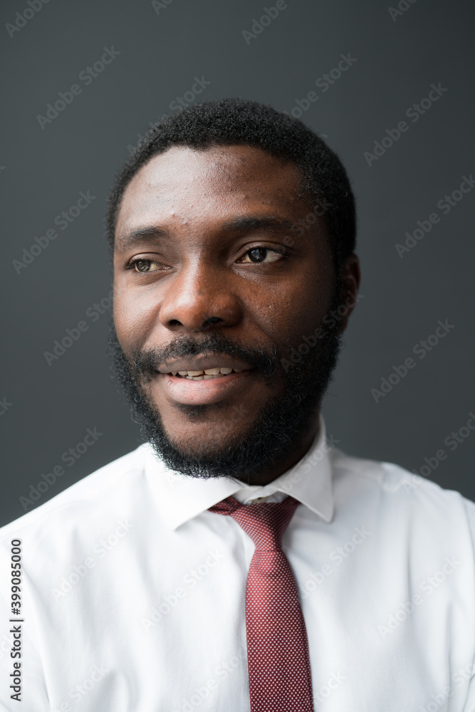 Portrait of an African American business man in a white shirt and tie on a gray background. Portrait of an African American business man in a white shirt and tie on a gray background.