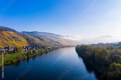Aerial view, Moselle, vineyards in autumn, Graach, Fog, Aerea Bernkastel-kues, Rhineland-Palatinate, Germany