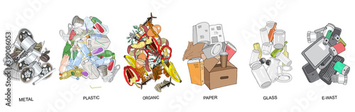 Sorted garbage set. Different types of garbage heap - Organic, Plastic, Metal, Paper, Glass, E-waste.