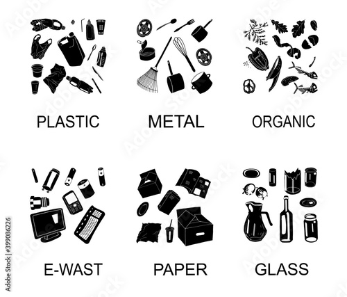 Trash cans with sorted garbage set. Different types of garbage - Organic, Plastic, Metal, Paper, Glass, E-waste.