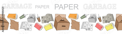Seamless border with sorted paper garbage isolated on white. Collection of patterns with separate debris. Part 1. Vector pattern.