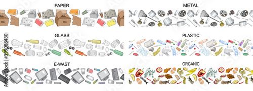 Set of seamless borders with sorted metal garbage isolated on white. Collection of patterns with separate debris. Part 1. Vector pattern. photo