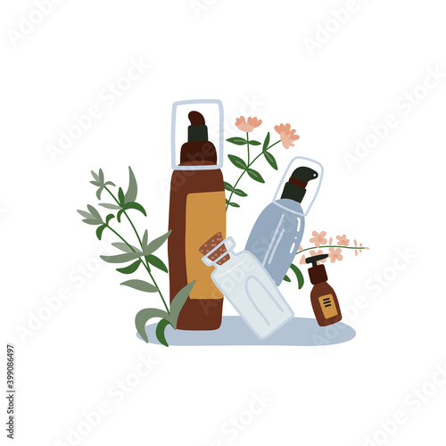 Organic cosmetics composition - bottles and tubes with wild herbs. Herbal cosmetics print. Flat vector hand drawn style. Woman stuff, eco girls accessory concept. Natural face care products.