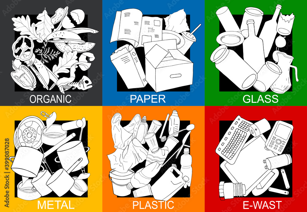 Fototapeta premium Large set of sorted garbage on white background. Hand drawn vector illustration.