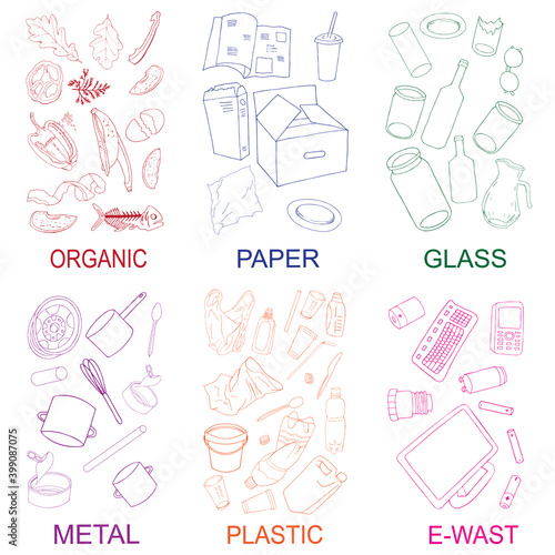 Large set of sorted garbage on white background. Hand drawn vector illustration.