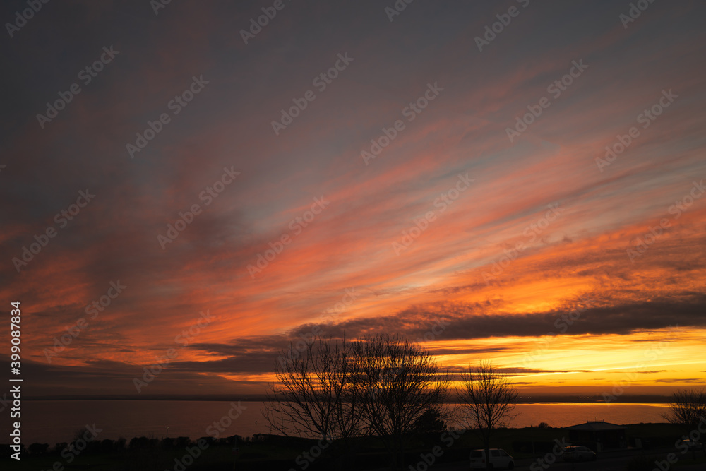 Silhouetted winter trees with a beautiful sunset over Pegwell Bay in Ramsgate, kent. Silhouetted winter trees with a beautiful sunset over Pegwell Bay in Ramsgate, kent.