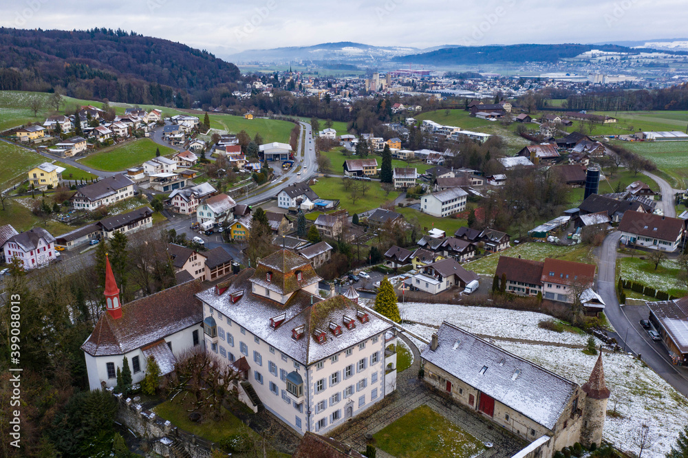 arial view of a swiss village 