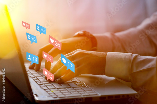 popularity on social media, icons, influencer star on social network, hands typing on keyboard as background