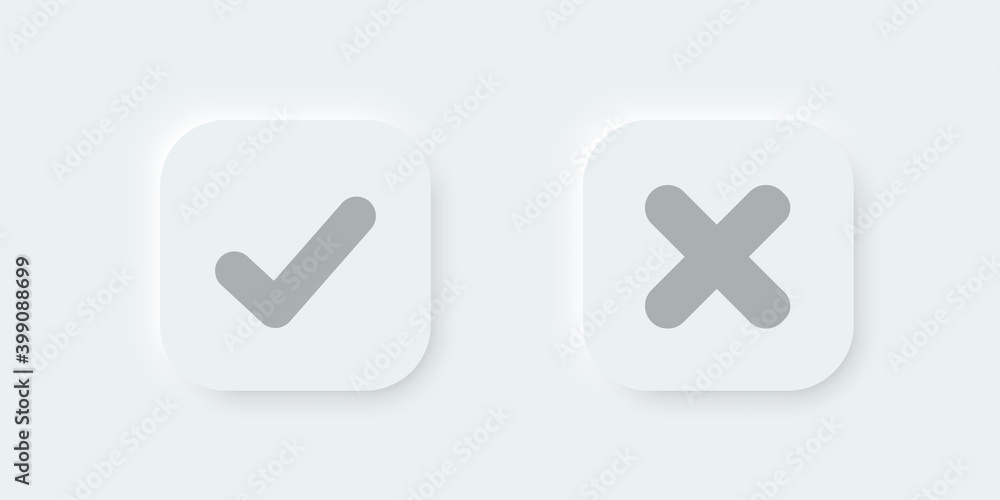Check mark vector button in modern neumorphic design. Checkmark icon 3d three-dimensional. yes no buttons. vote and choise illustration. isolated button set on white background Check mark vector button in modern neumorphic design. Checkmark icon 3d three-dimensional. yes no buttons. vote and choise illustration. isolated button set on white background