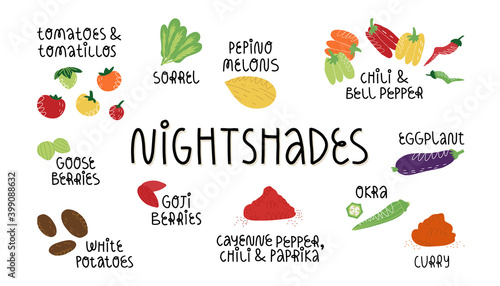 Nightshades vegetables, fruit and spices which is needed to be avoid on AIP, FODMAP diet, anti-inflammatory nutrition. 
