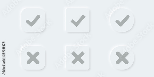 Check mark vector button in modern neumorphic design. Checkmark icon 3d three-dimensional. yes no buttons. vote and choise illustration. isolated button set on white background