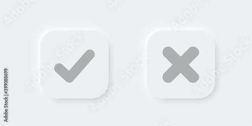 Check mark vector button in modern neumorphic design. Checkmark icon 3d three-dimensional. yes no buttons. vote and choise illustration. isolated button set on white background