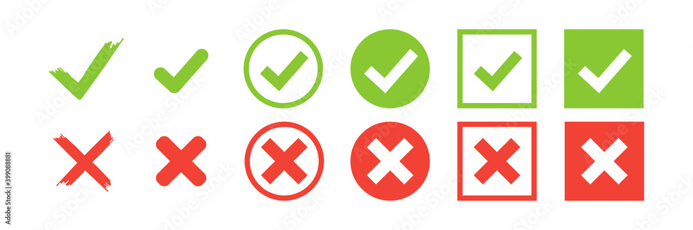 Checkmark vector icon. green tick check mark, red cross. Wrong correct isolated signs on white background. x symbol vote logo illustration Checkmark vector icon. green tick check mark, red cross. Wrong correct isolated signs on white background. x symbol vote logo illustration