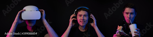 Photography Portrait of gamer in VR, in gaming garniture and in snack break