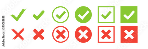 Checkmark vector icon. green tick check mark, red cross. Wrong correct isolated signs on white background. x symbol vote logo illustration