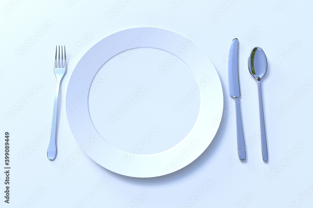 Empty porcelein plate ready to serve with fork, knife, and spoon on a table. 