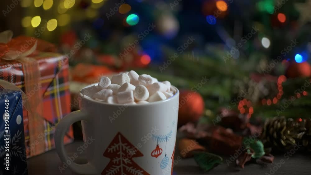 custom made wallpaper toronto digitalA woman puts cocoa whit marshmallows on wood table. Christmas, New Year concept background. Winter holidays