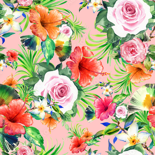 Seamless floral pattern lovely flowers drawn by paints on paper