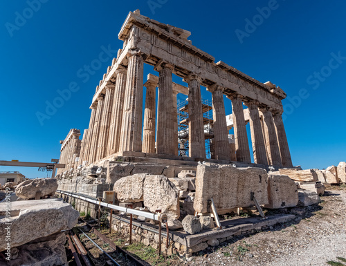 Parthenon ancient temple east front, standing on Acropolis hill, Athens Greece