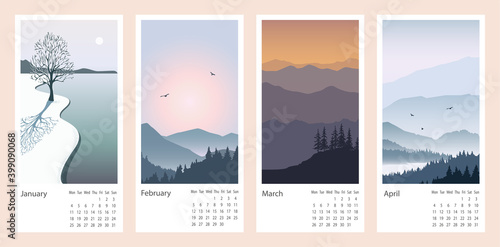 Beautiful calendar with a natural landscape with mountains and a rivers.Vector illustration of colorful sunsets and sunrises.