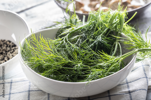 Fototapeta Naklejka Na Ścianę i Meble -  White bowl full of freshly picked dill