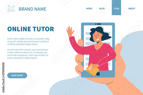 Virtual sitter, online babysitting service, remote teaching concept. Entertaining the kids via internet. Friendly female tutor on your phone.Vector illustration, modern flat style